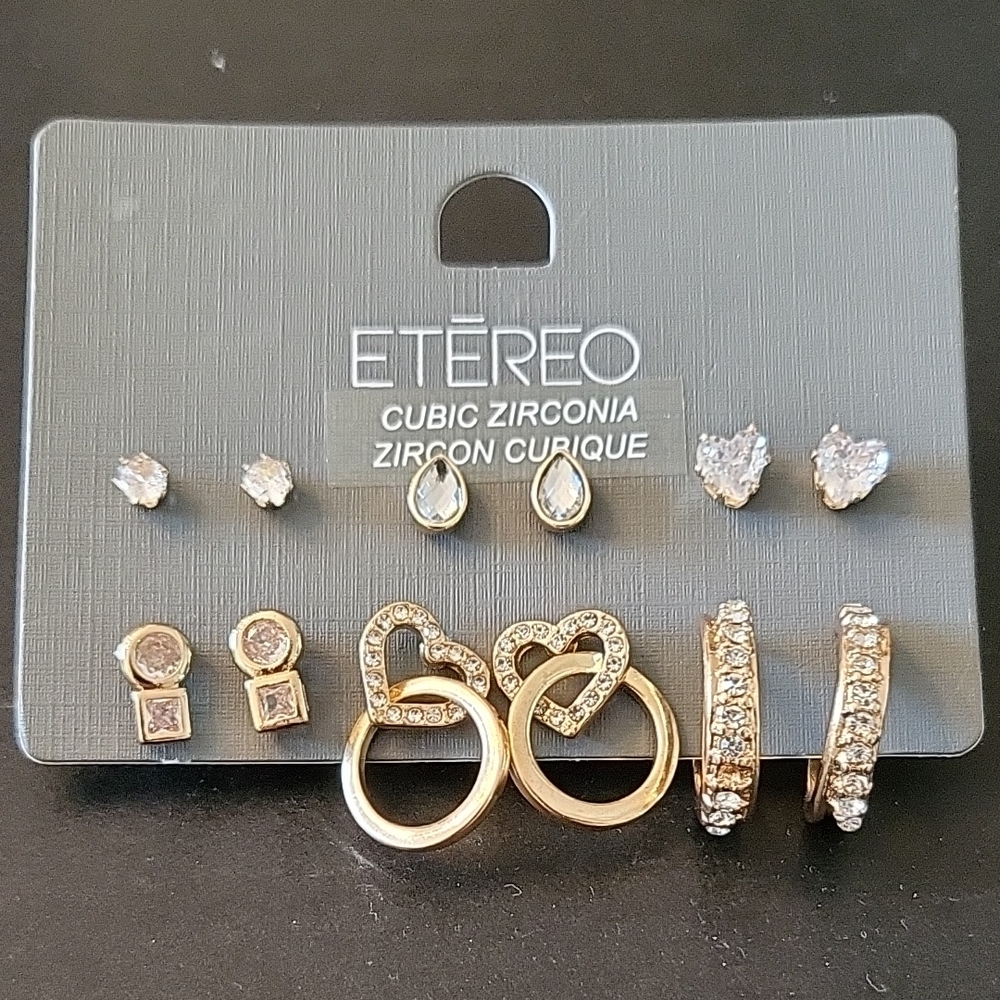 NEW Gold-tone Minimalist Earring Set, Cubic Zirconia Crystals, 6 Pairs!